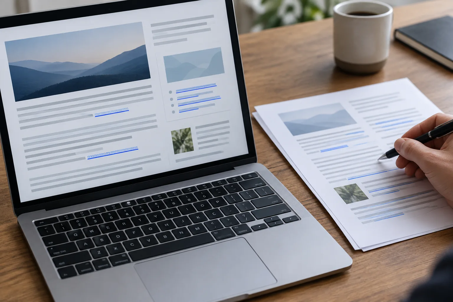 Un ordinateur et une épreuve imprimée consultés pendant la relecture d’un article.