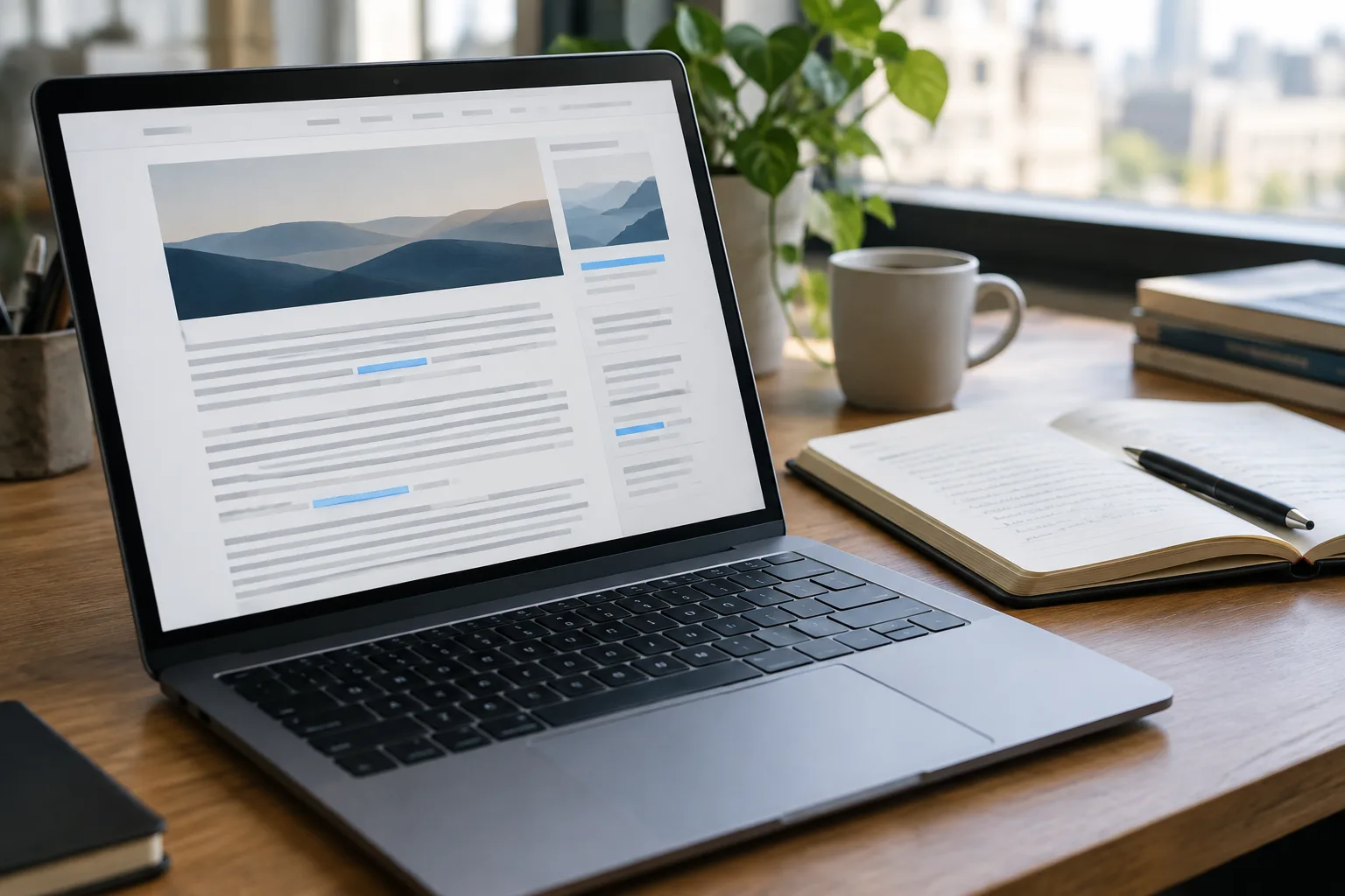Un ordinateur affichant une page d’article ouverte à côté d’un carnet de notes.