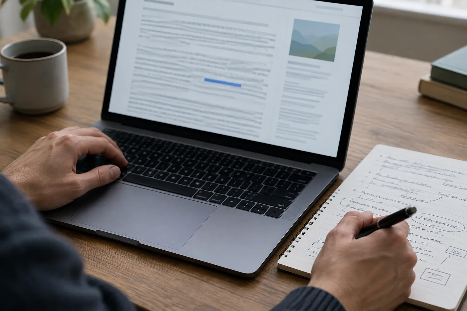 Des mains examinent un article sur un ordinateur, avec des notes éditoriales posées à côté.