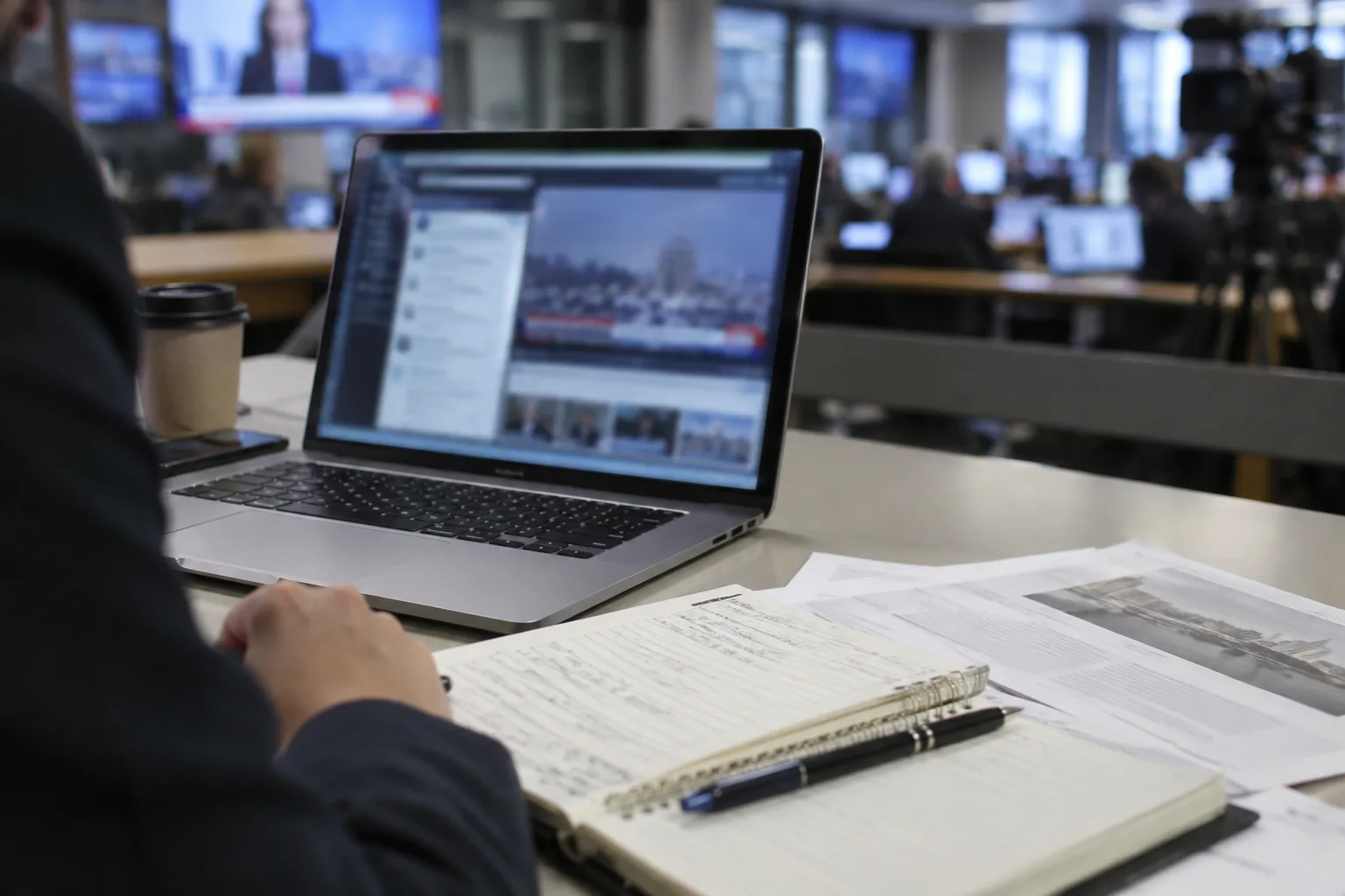 Un ordinateur et des notes sur le bureau d’une rédaction pendant le suivi d’une actualité en direct.