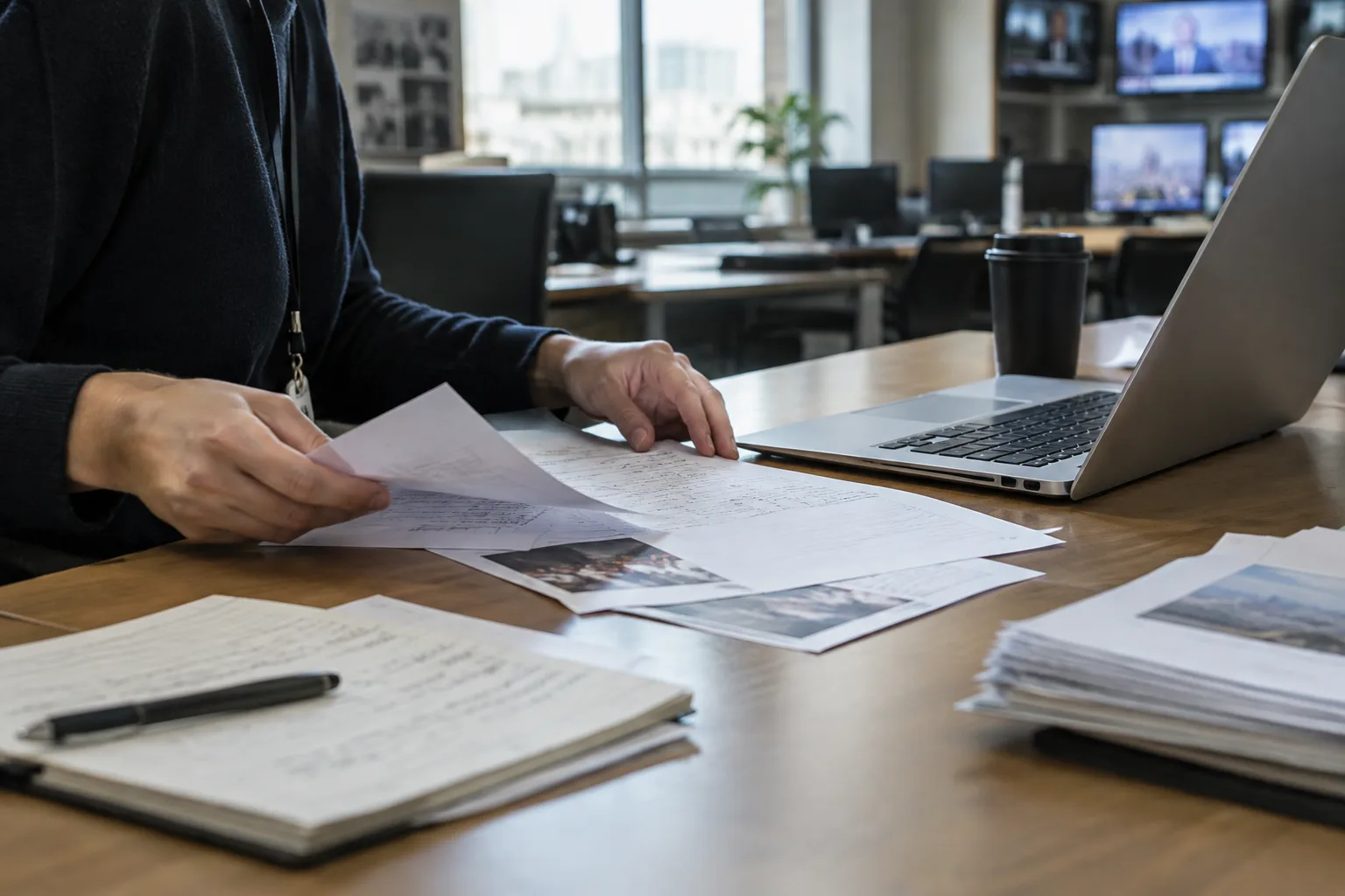 Des notes de couverture et un ordinateur ouverts sur un bureau de rédaction.