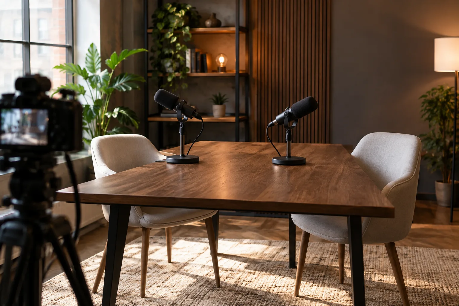 Une caméra installée face à deux microphones dans un studio de podcast.