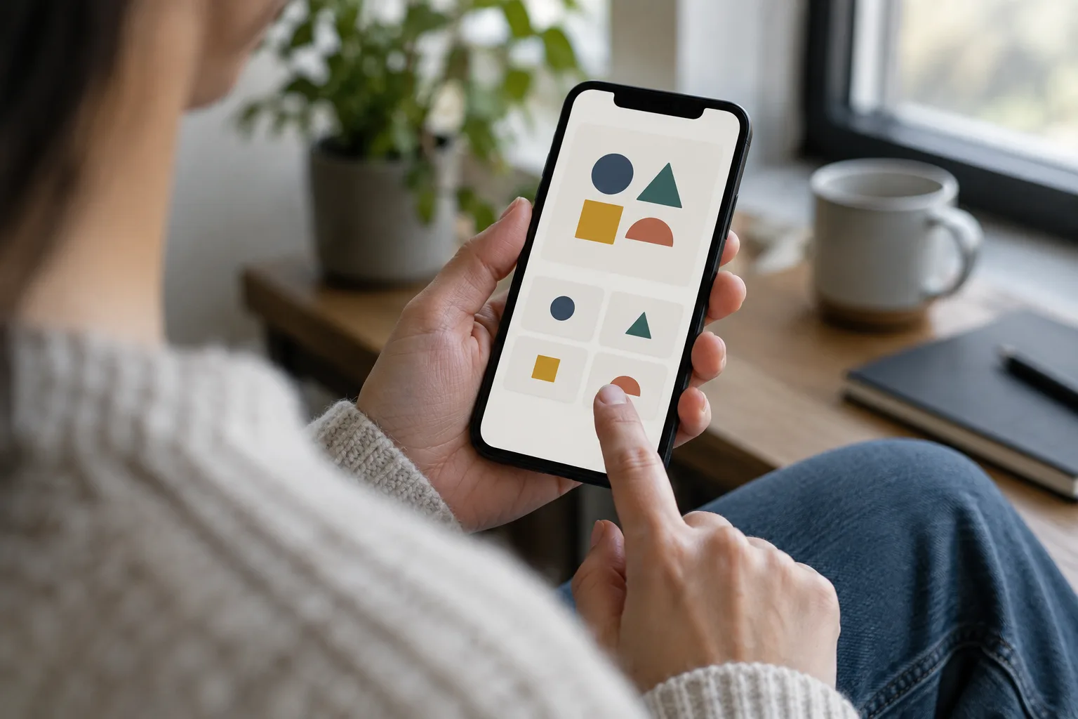 Une main sélectionne une réponse sur un téléphone posé près d’un carnet.