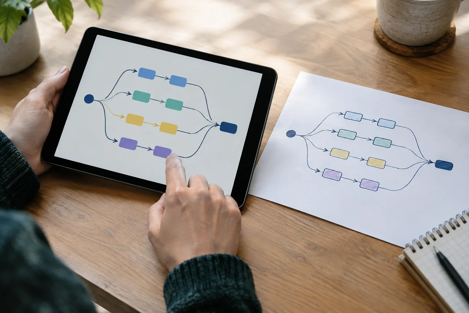 Des chemins distincts sur un schéma et une tablette se rejoignent vers une même étape du récit.