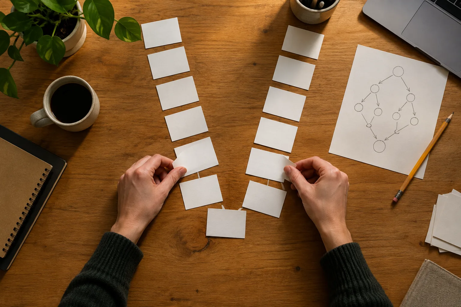 Des cartes vierges disposées en deux parcours qui se rejoignent sur une table de travail.