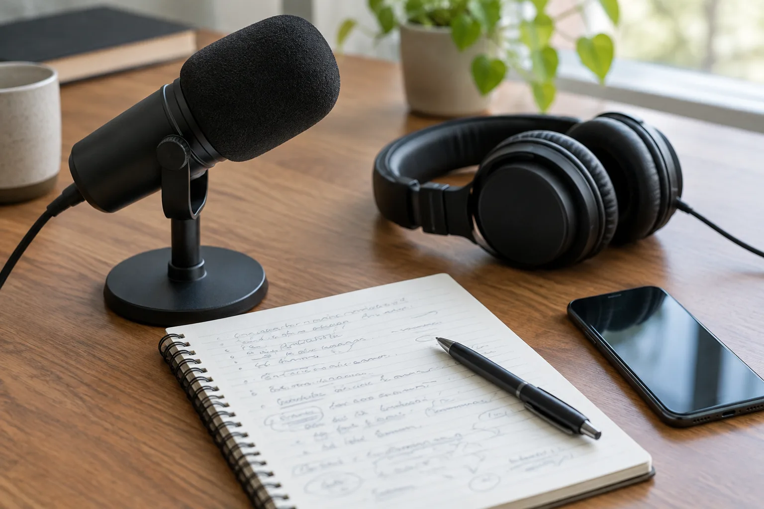 Un micro, un casque et des notes réunis pour préparer un résumé audio.