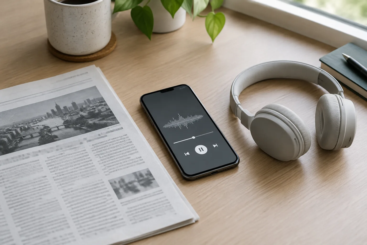 Un téléphone et un casque audio posés près d’un article imprimé sur un bureau.