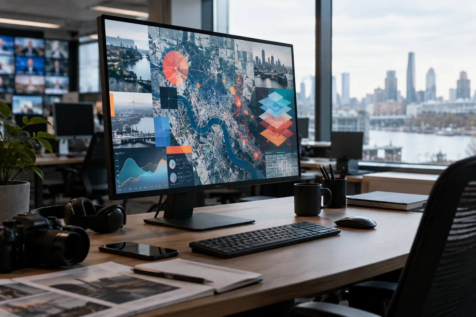 Écran affichant une carte urbaine et des formes graphiques dans un espace de travail éditorial.