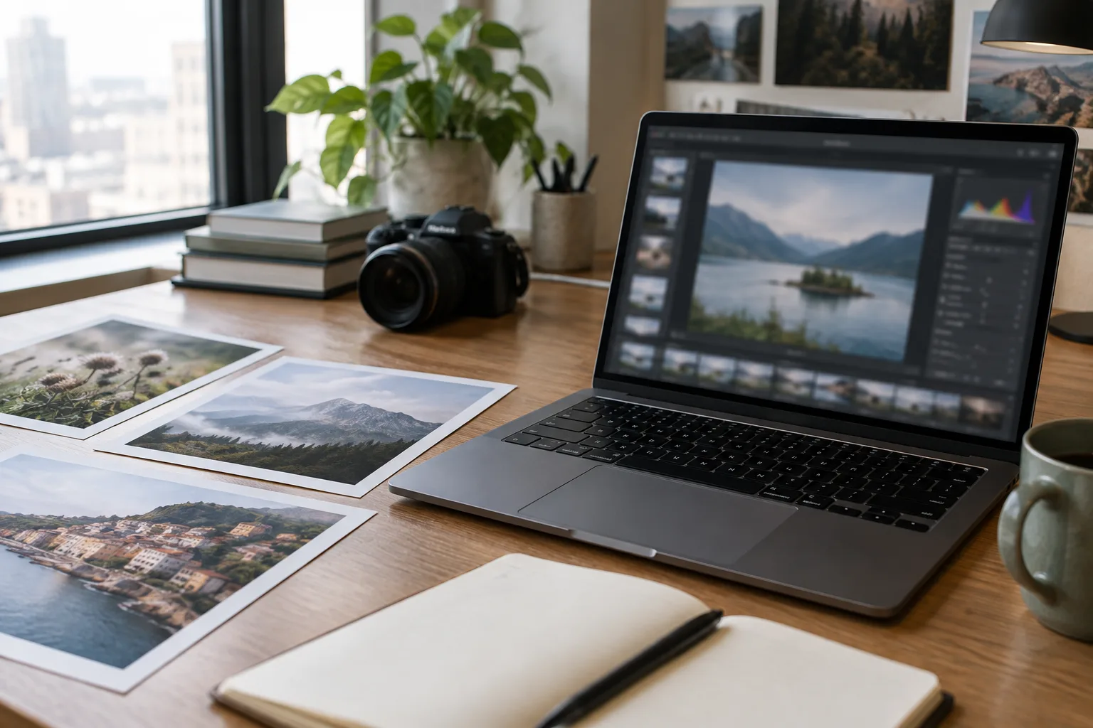 Un ordinateur portable affiche une interface de publication à côté de photographies et d’un carnet.