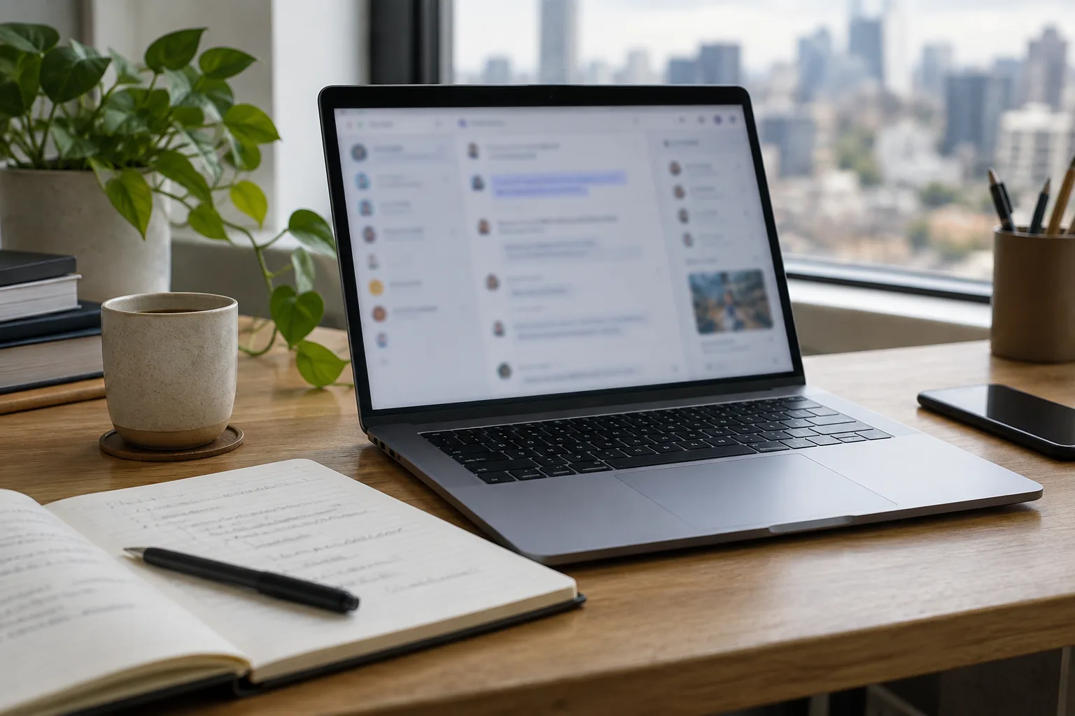 Un ordinateur ouvert sur une interface de discussion, posé près d’un carnet dans une rédaction.