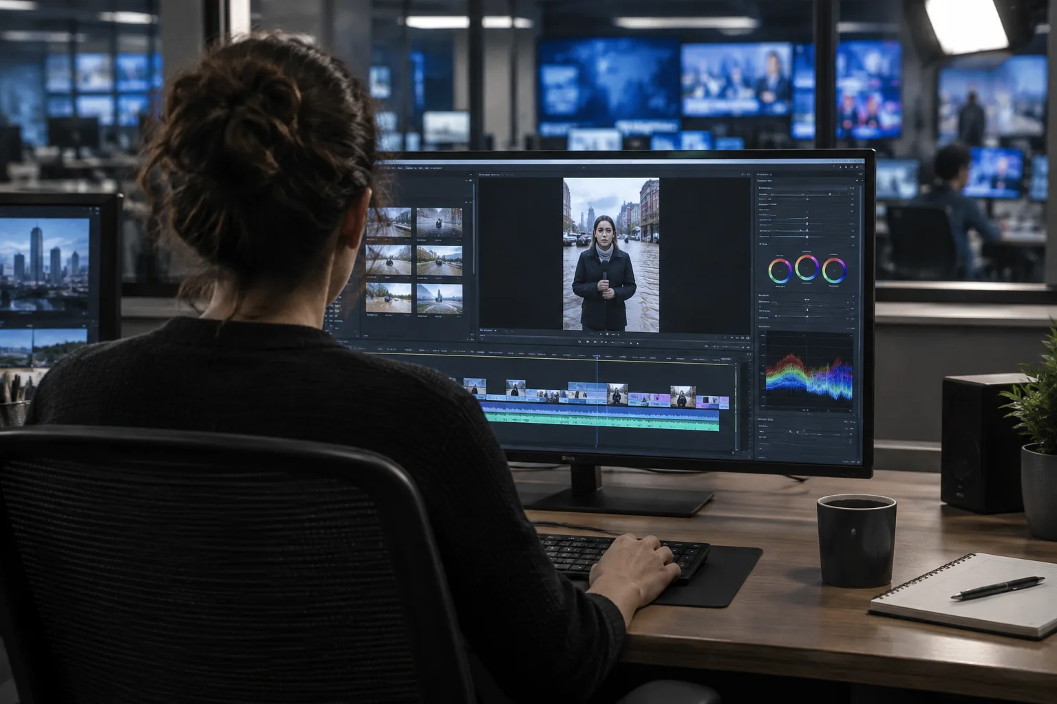 Une personne prépare une vidéo verticale sur un écran de montage, dans un espace de travail éditorial.