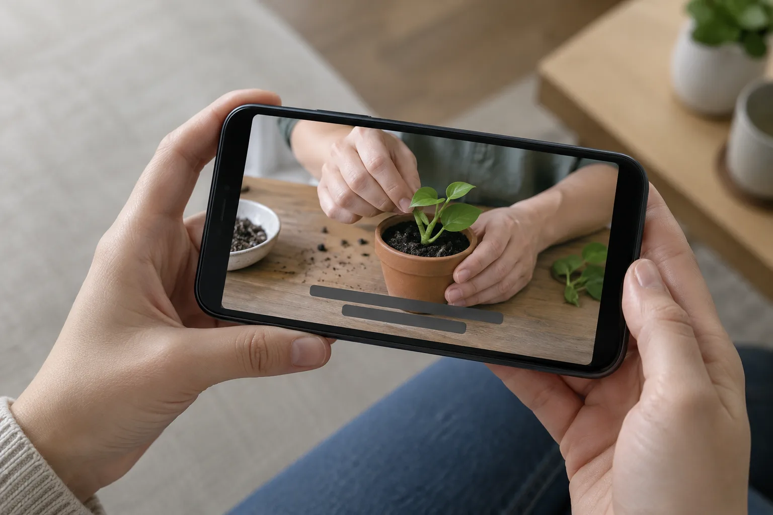 Sur un téléphone, des blocs de sous-titres restent sous les mains qui montrent une action.