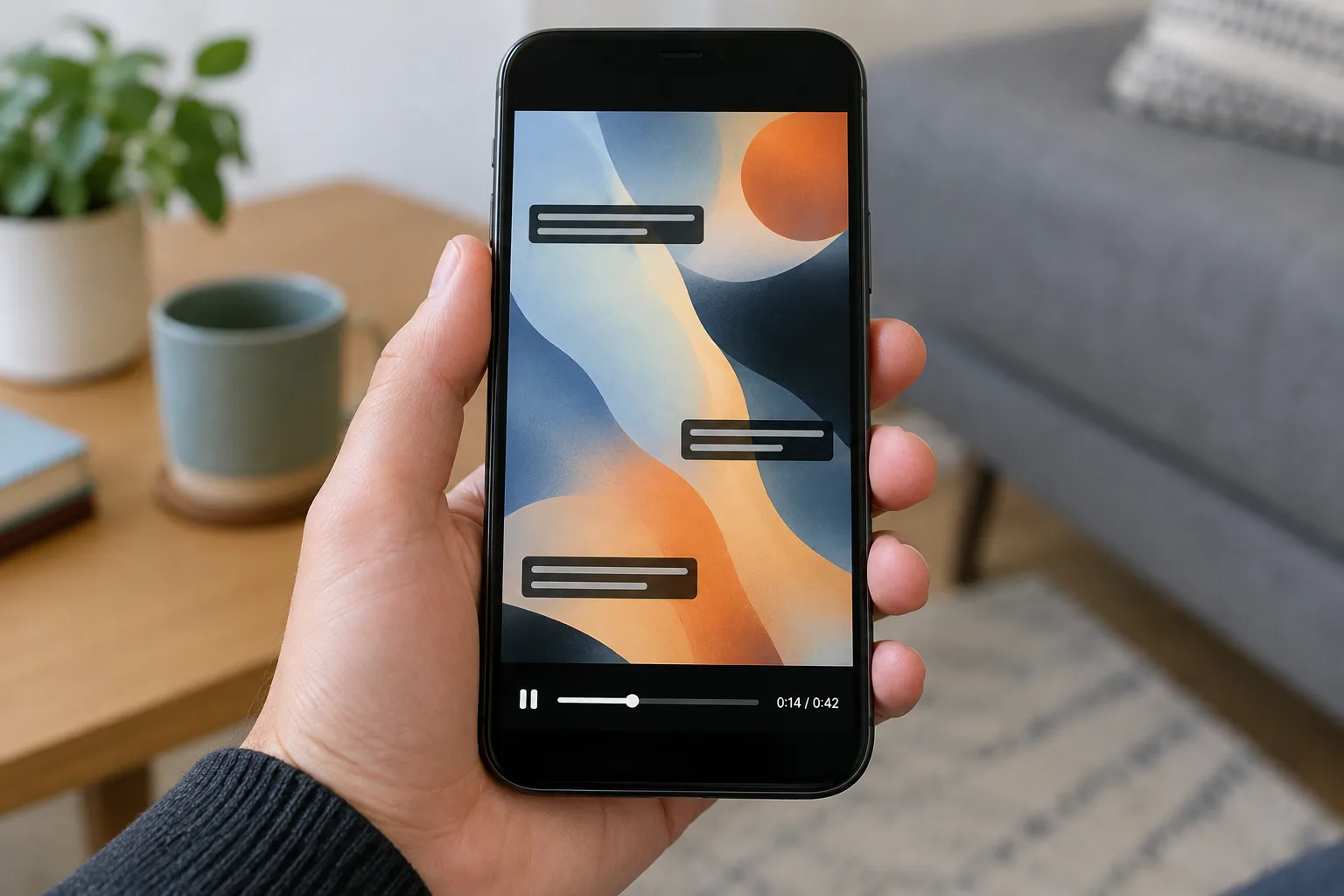 Un téléphone tenu à la verticale affiche une vidéo avec des blocs de sous-titres placés au bas de l’écran.