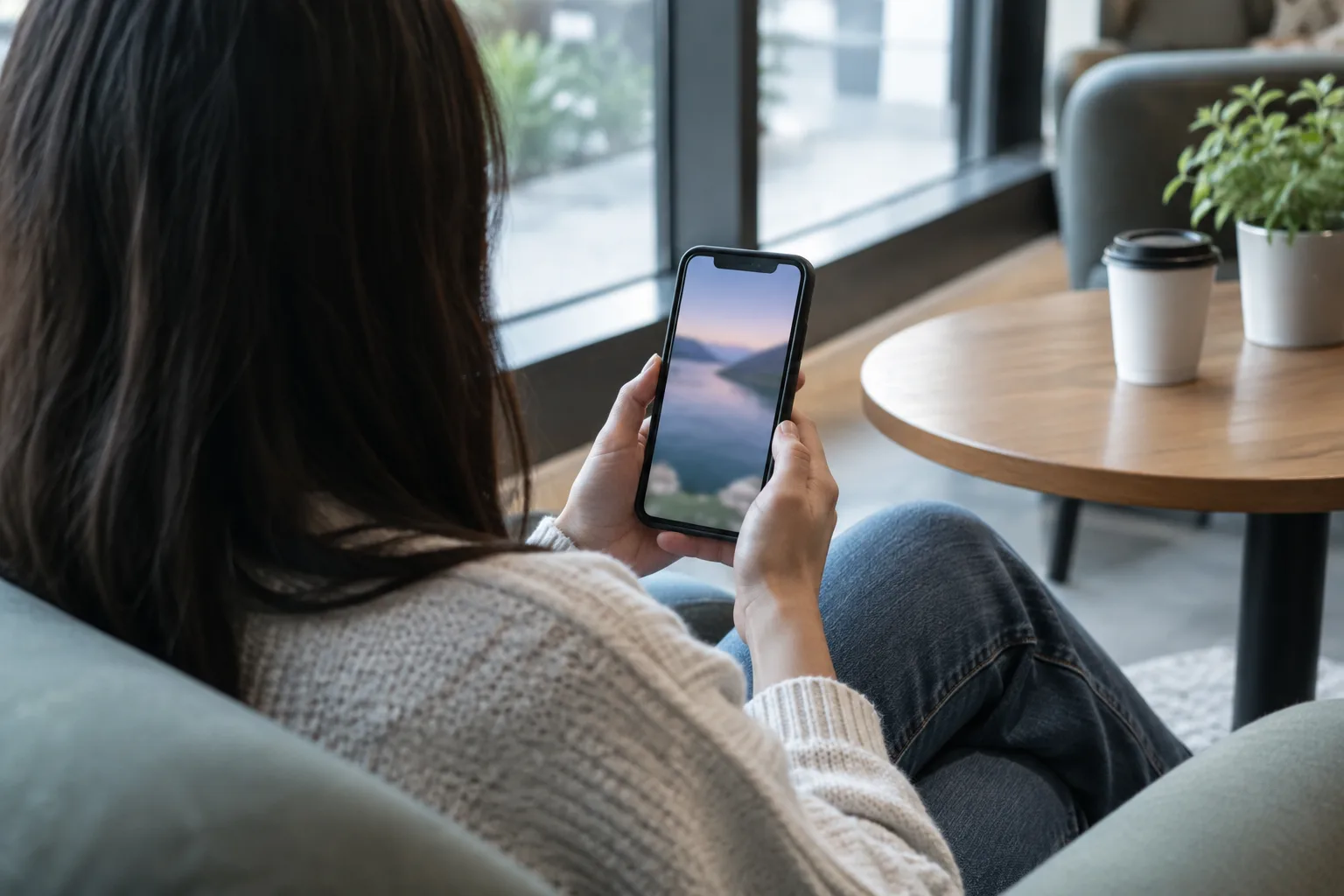 Une personne regarde une vidéo verticale sur son téléphone dans un espace public calme.