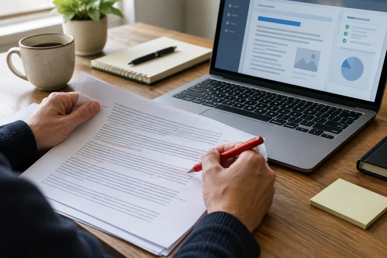 Des mains relisent un article imprimé à côté d’un ordinateur portable.