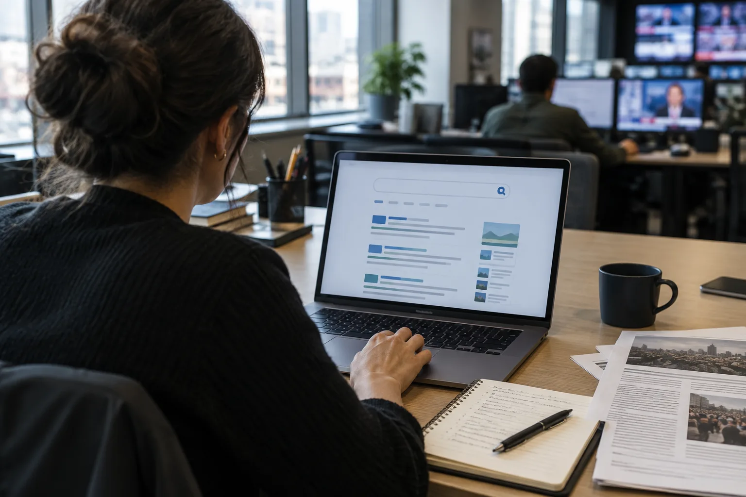 Un ordinateur affichant une interface de recherche abstraite sur le bureau d’une rédaction.