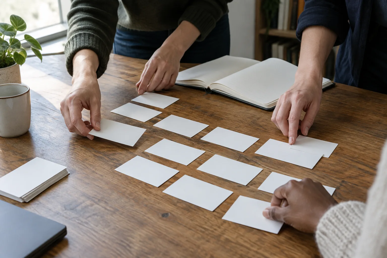 Des mains déplacent des cartes vierges sur une table pour ordonner les épisodes d’une série.