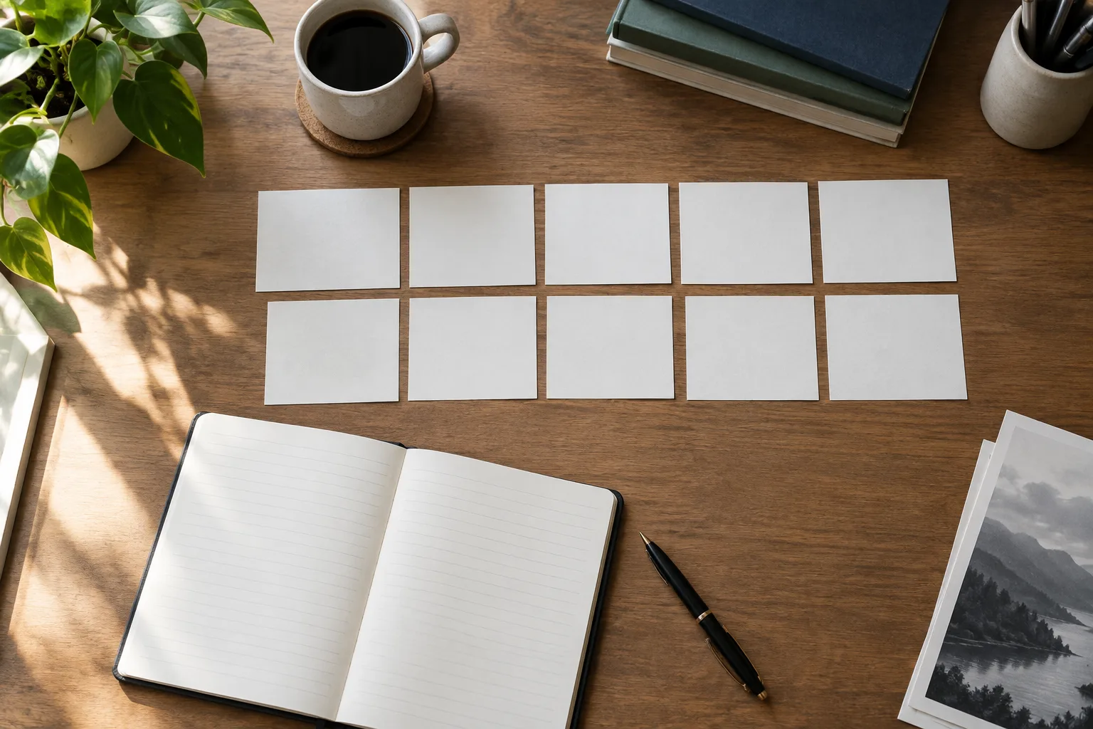 Un carnet ouvert et des cartes vierges disposées sur un bureau pour organiser les épisodes d’un récit.
