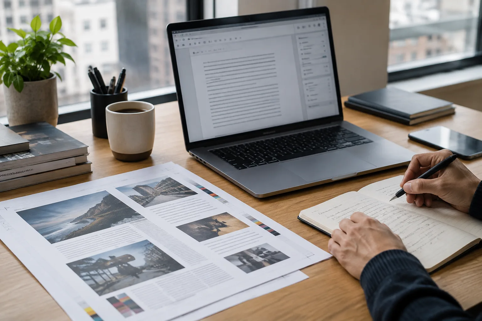Épreuves imprimées et ordinateur ouvert sur une interface de rédaction, sur un bureau de travail.